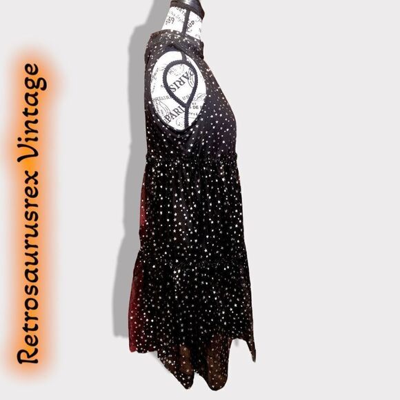 POPSUGAR Babydoll Gold Foil Star Tiered Little Black Party Dress, XS - Picture 4 of 8
